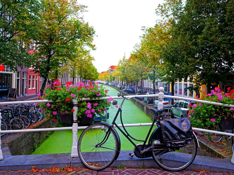Fahrrad und Blumenschmuck an der Gracht in Delft